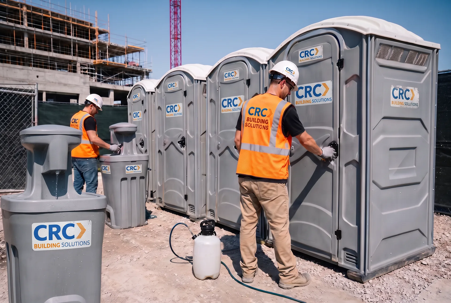 CRC Building Solutions crew in CRC-branded hi-vis vests servicing a row of CRC-branded portable restrooms and hand-wash stations beside a mid-rise commercial building under construction
